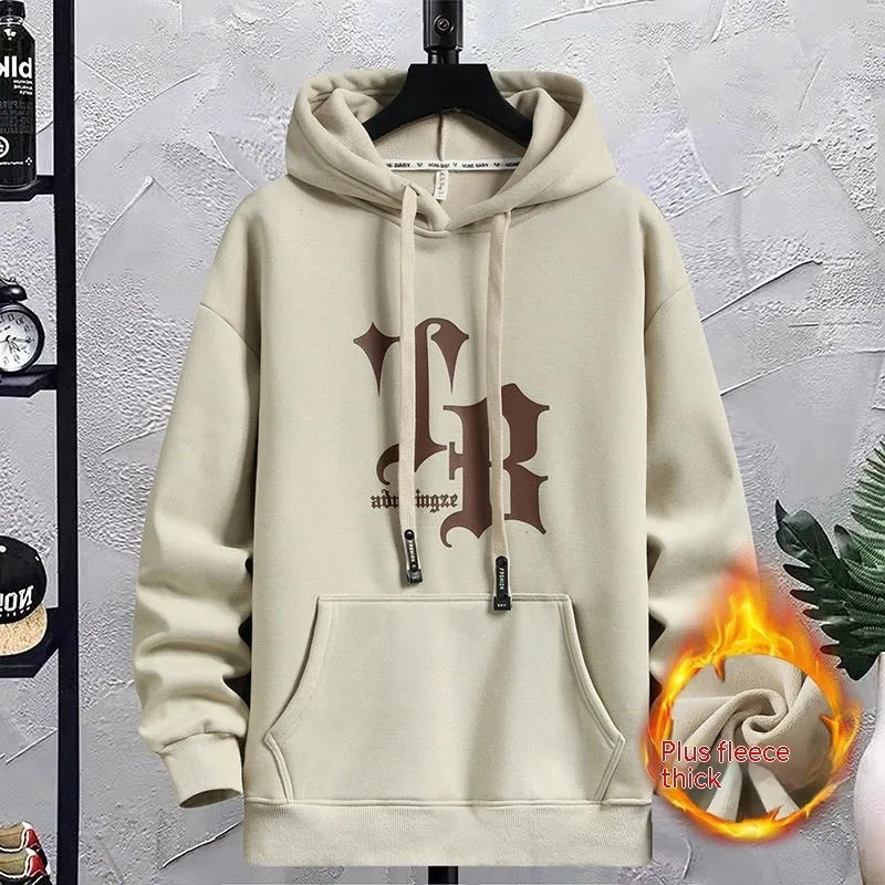 Fleece-lined hooded sweater jacket with letter pattern, cotton pullover in beige, black, green, and wine red, sizes M to 3XL