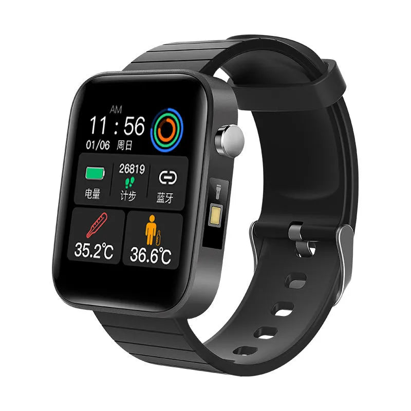 Black intelligent bracelet with touchscreen displaying blood pressure and body temperature readings