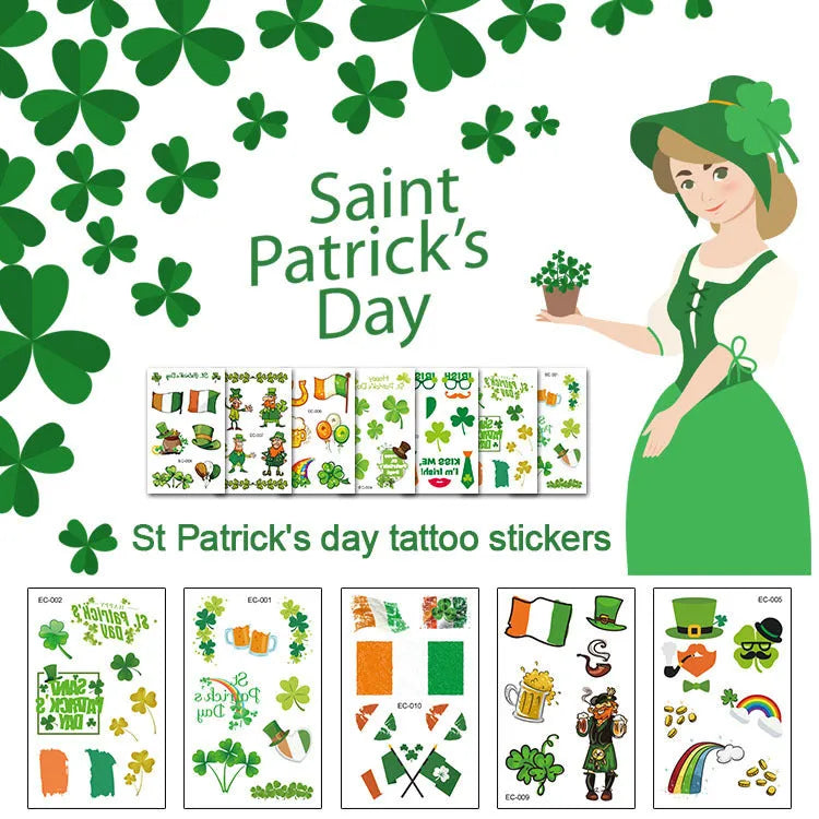Sheet of children's temporary tattoo stickers featuring a large green St. Patrick's Day clover design
