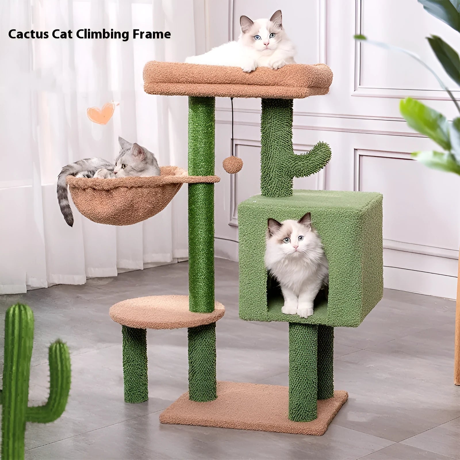 Green wooden cat climbing frame with jumping platform measuring 43x33x87cm