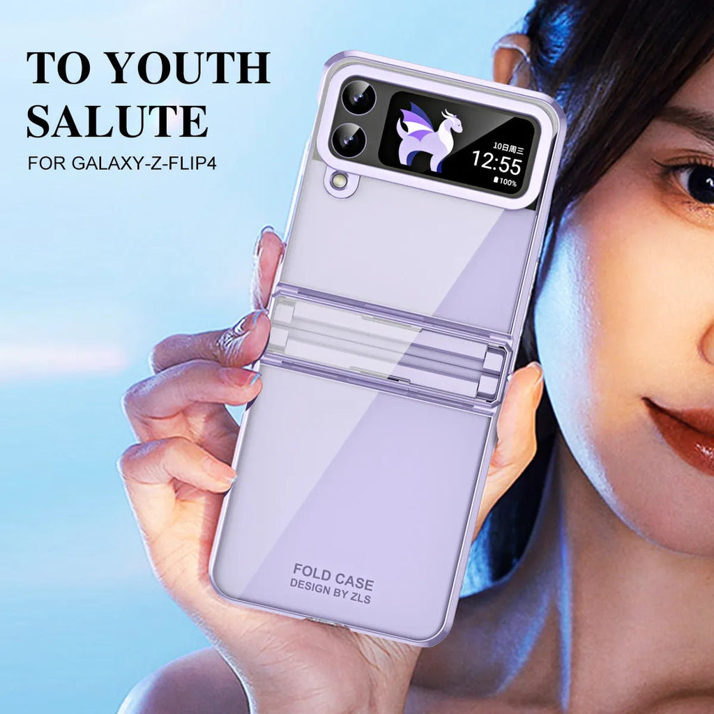 Samsung Z Flip 4 Z Flip 5 foldable PC phone case with transparent back and electroplated hinge in Black Phantom colour