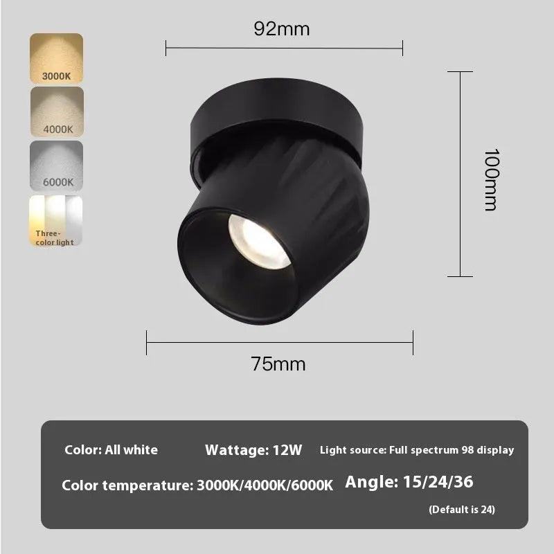 Surface mounted adjustable LED ceiling spotlight with aluminium shell, 7W or 12W, black or white finish