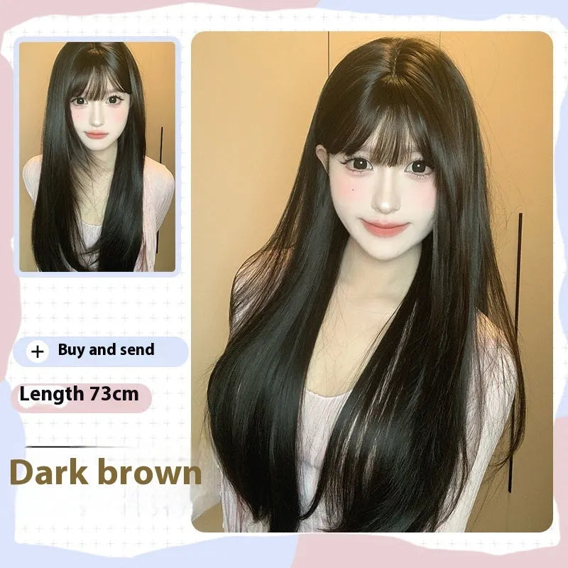 Dark brown long straight wig with full bangs for women with round face shapes
