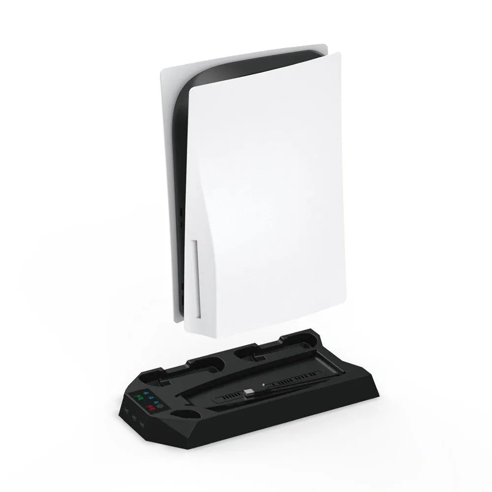 PS5 charging station with direct USB plug, heat dissipation base, and accessory storage in black or white