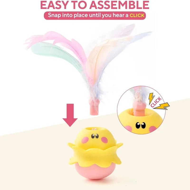 Pink interactive automatic cat feather toy with 360° rotation, LED lights, and detachable feathers for indoor cats.