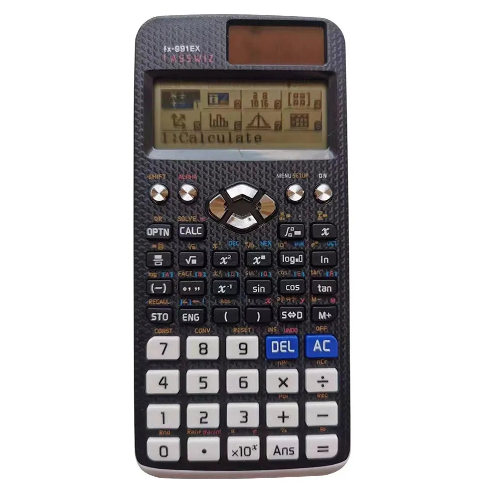 991EX scientific calculator in black, blue, and pink colours showing solar panel and keypad.