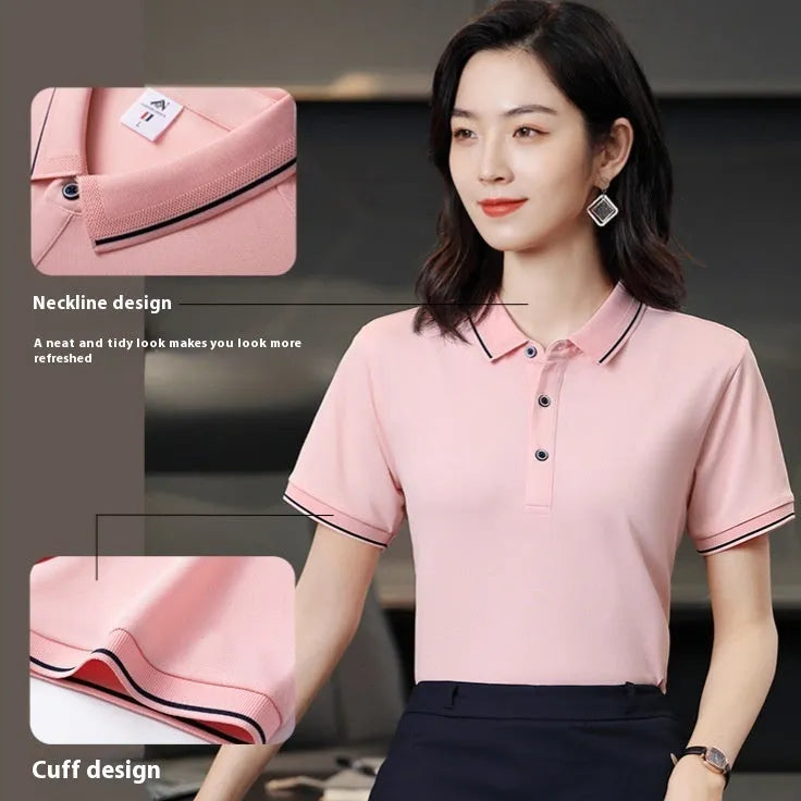 Beautician short-sleeved polo work shirt in cool silk cotton with asymmetric colour-block pattern