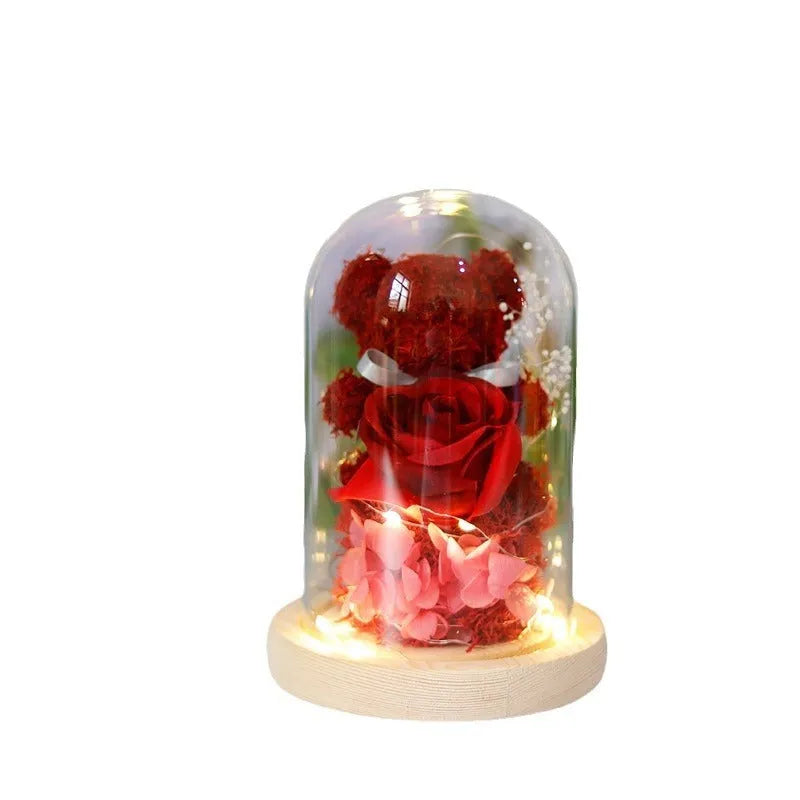 Preserved rose teddy bear ornament in glass dome with LED light, 11.5cm diameter and 16.8cm height