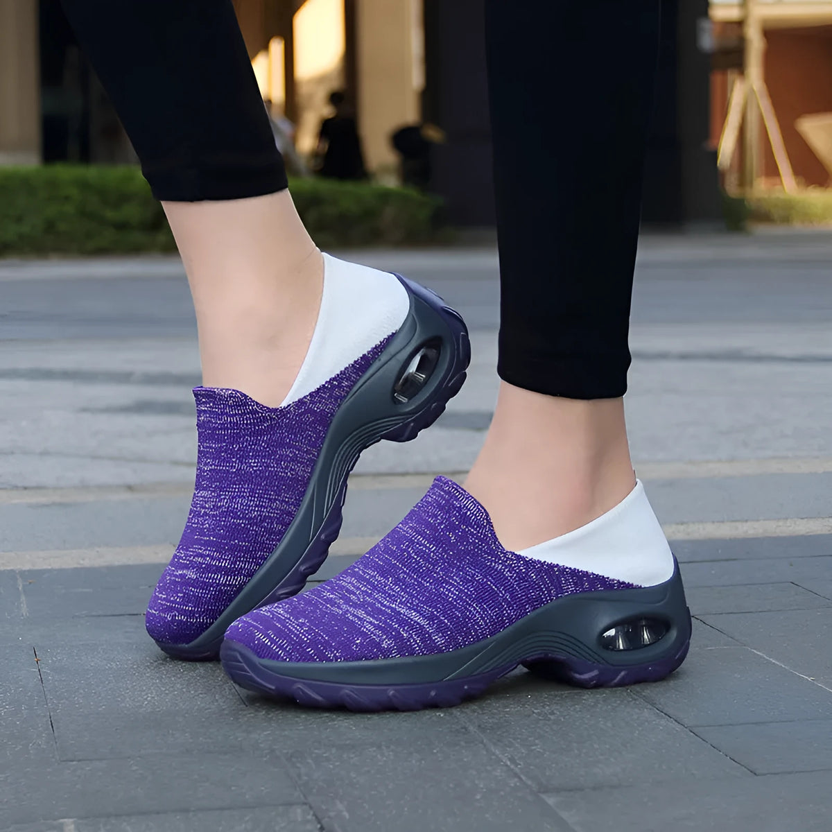 Lightweight non-slip walking shoes with flying weave upper, PU rocking sole, mid heel 3-5cm, available in blue pink purple white, sizes 35-42