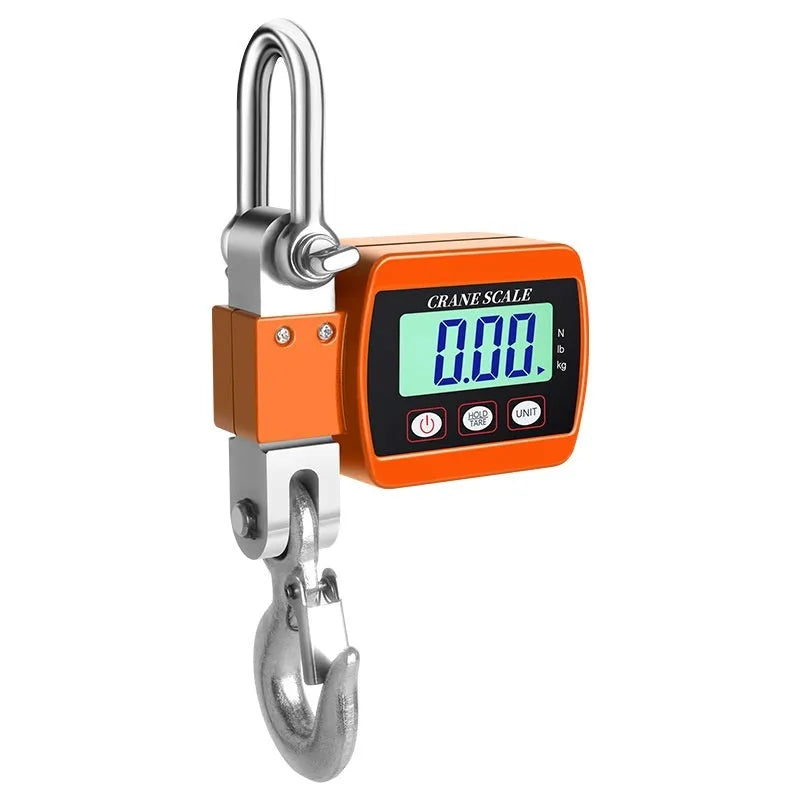 Digital hook scale electronic display with 500kg capacity shown in blue, orange, and white colour options
