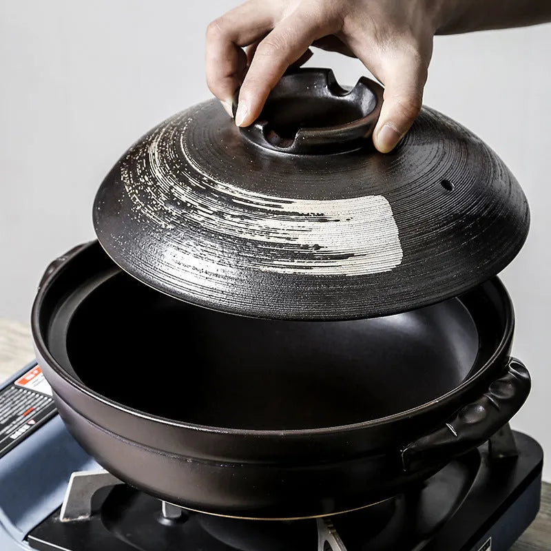 Ceramic stew pot with air-hole lid, single bottom, 8cm depth, for gas stove cooking in 2800ml, 1700ml or 900ml sizes