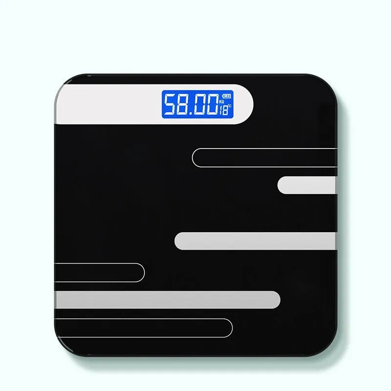 Digital bathroom weight scale with USB rechargeable feature in black, rose red, and white colour options.