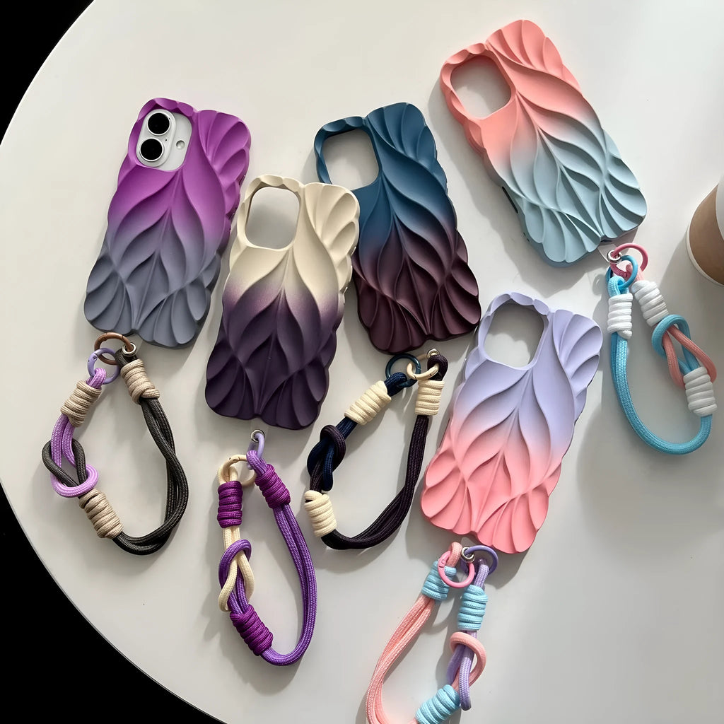 Ins style leaf pattern gradient TPU phone case with wristband in purple gray colour for iPhone 14 Pro Max