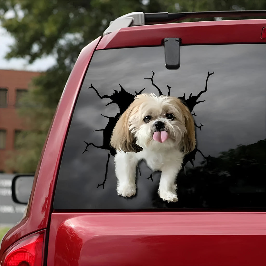 Torn design reflective sticker of a dog silhouette for car windows, available in large, medium, and small sizes.