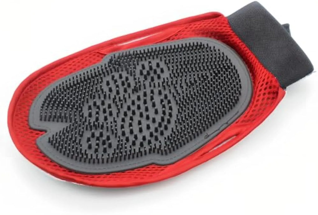Red silicone pet bathing glove with integrated brush texture for washing dogs and cats