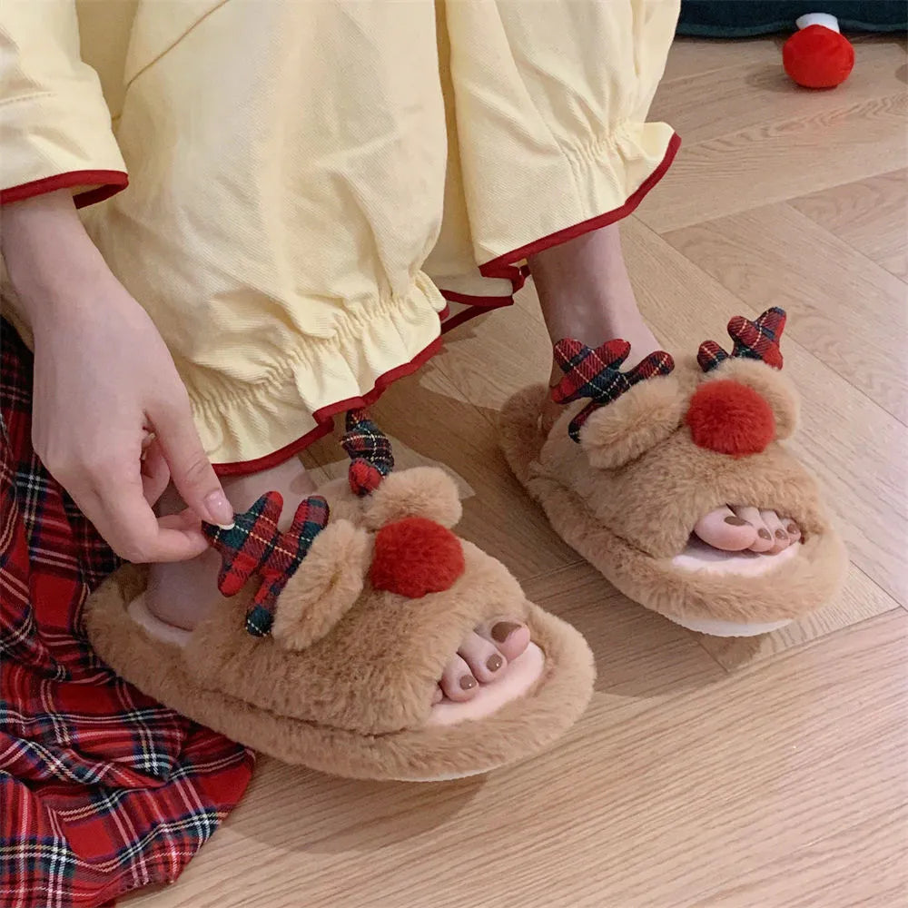 Brown suede slippers with cartoon deer design, flip-flop style with PVC sole
