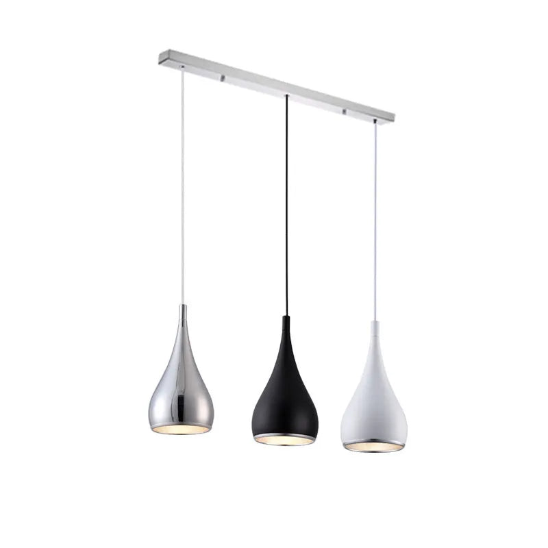 Minimalist iron pendant chandelier with three adjustable heads in a black finish, hung from a ceiling.