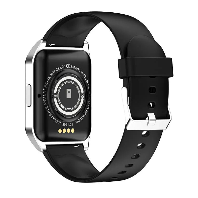 Black and silver smart watch with heart rate monitor on a silicone strap, showing its 1.69-inch screen.
