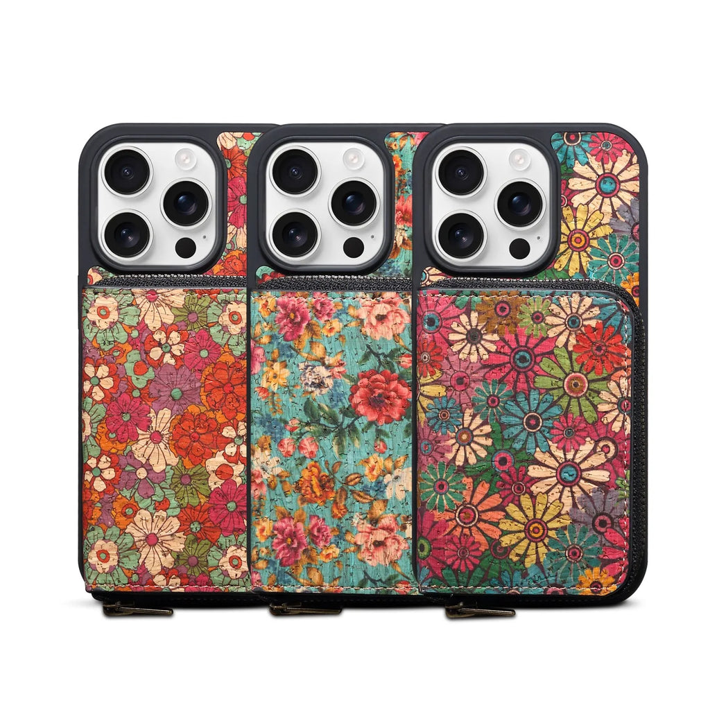 Huanyu cork anti-theft zipper phone case in green with 3D floral rose design for iPhone 17 Pro Max