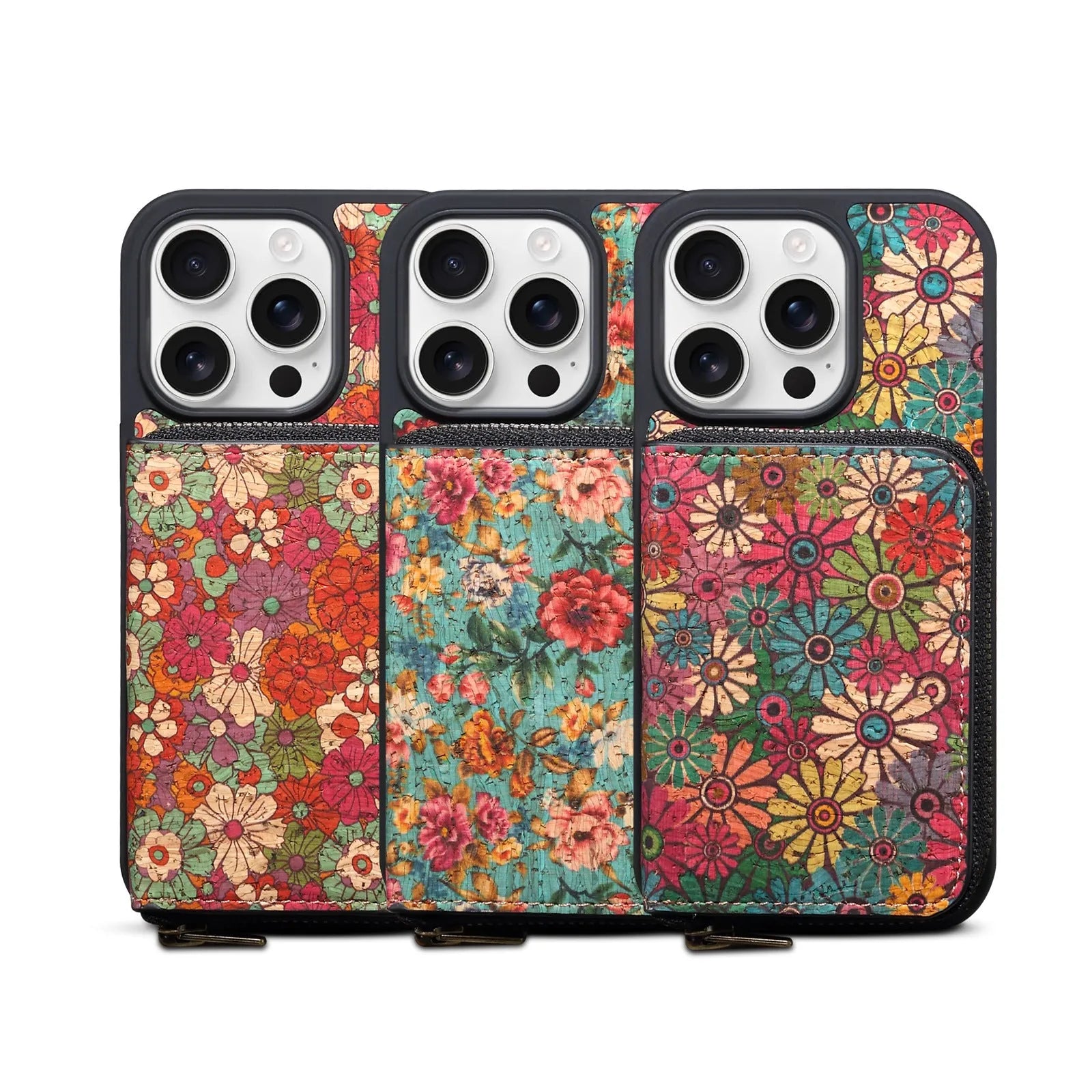 Huanyu cork anti-theft zipper phone case in green with 3D floral rose design for iPhone 17 Pro Max
