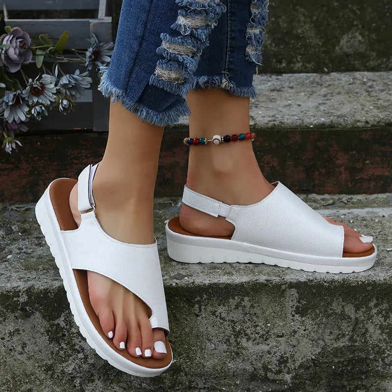 Thong sandals with Velcro closure flat beach shoes PU upper round toe casual women