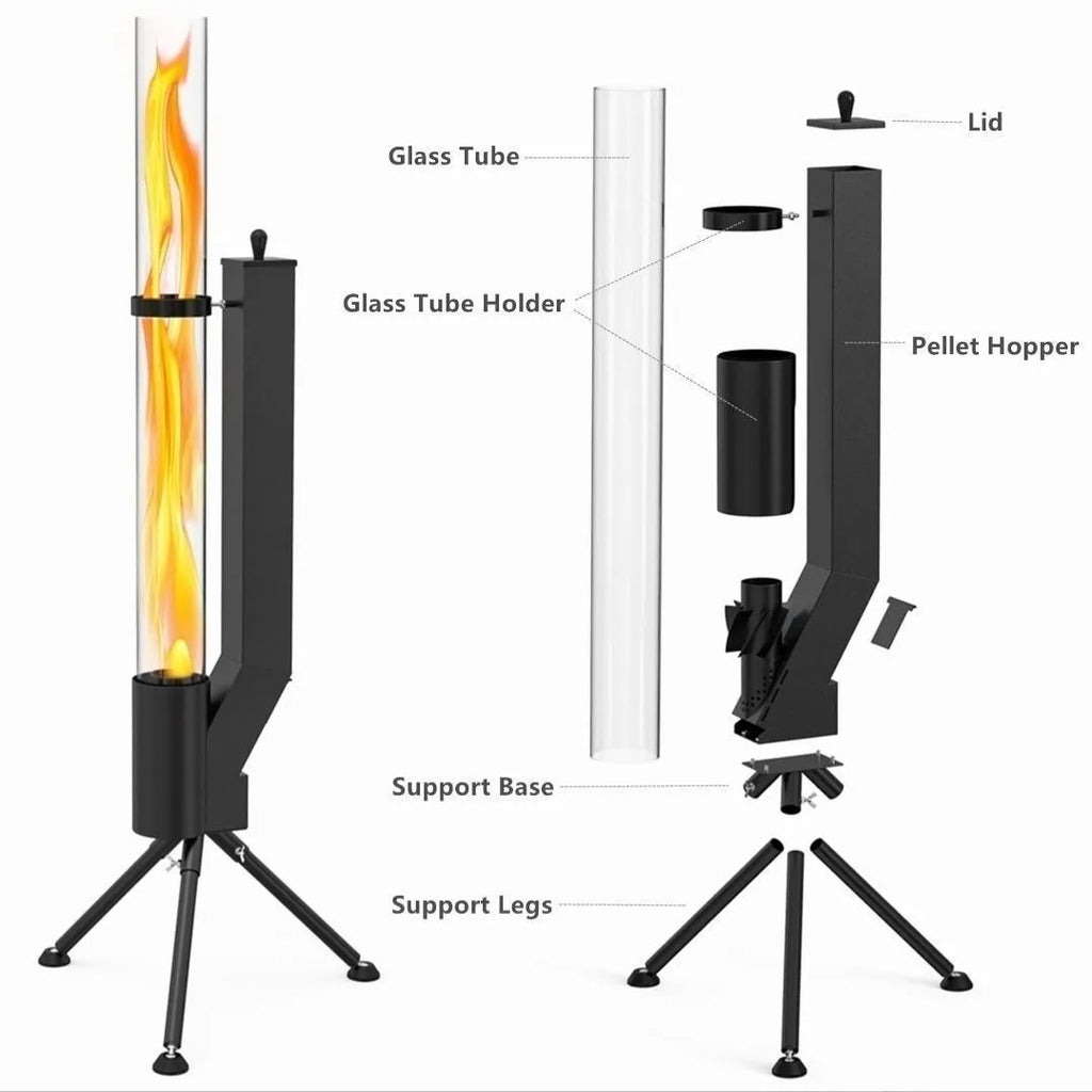 Vertical iron rocket furnace wood burning heating stove for outdoor courtyard use.