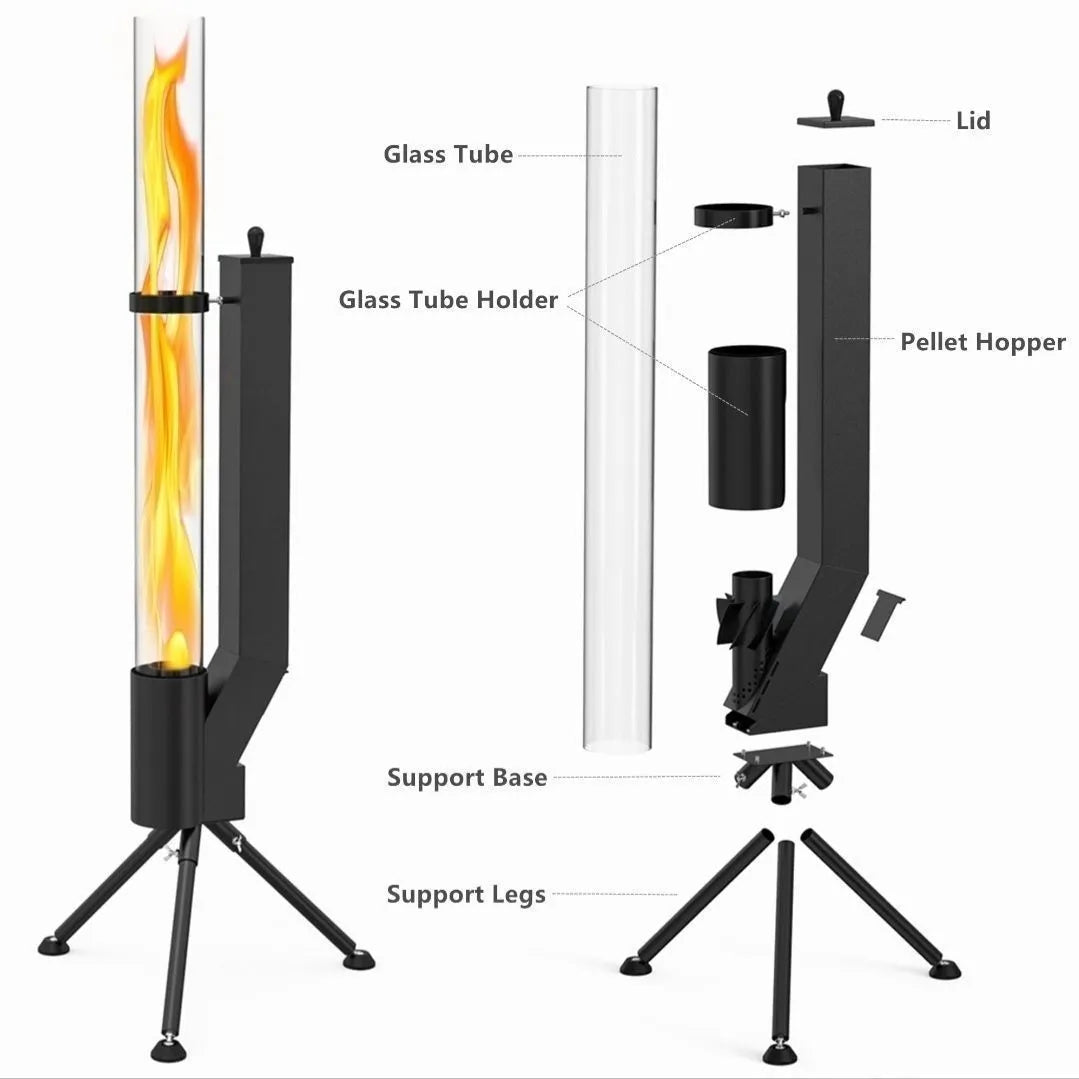 Vertical iron rocket furnace wood burning heating stove for outdoor courtyard use.