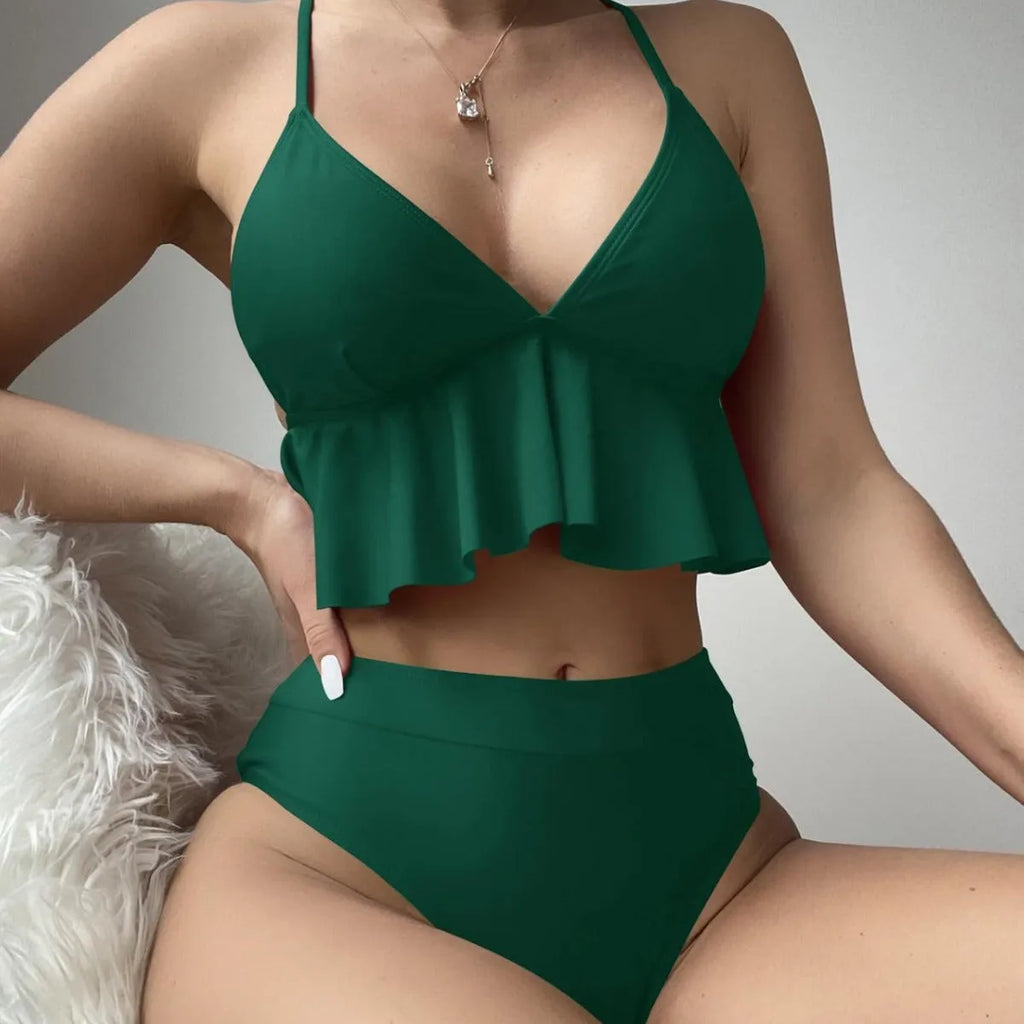 Women's solid colour split bikini swimsuit in black, army green, brick red or blue with sleeveless top