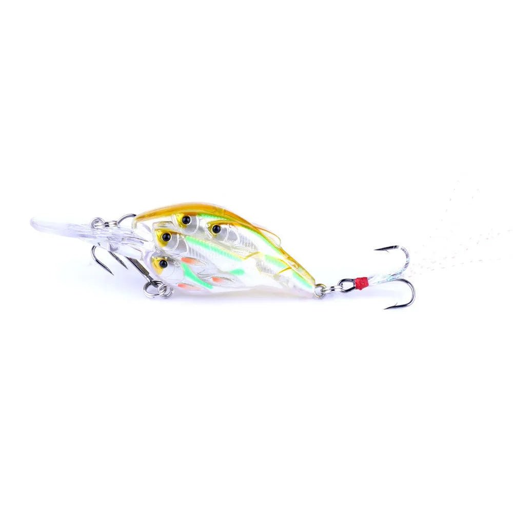 Set of nine multi-colour ABS plastic hard bait fishing lures with feather hooks.