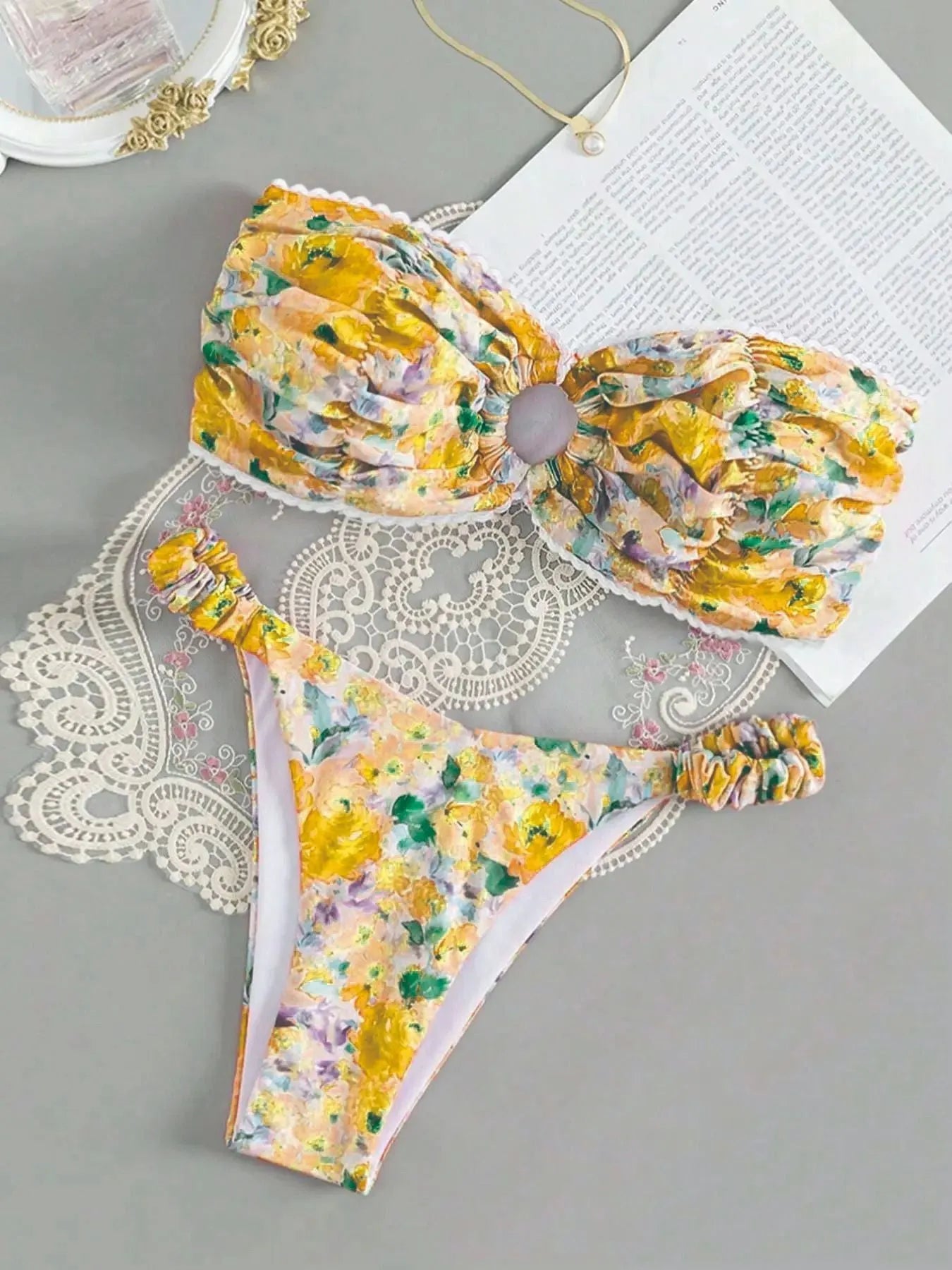 Floral printed tube top bikini set with lace trim in blue, pink, yellow colours