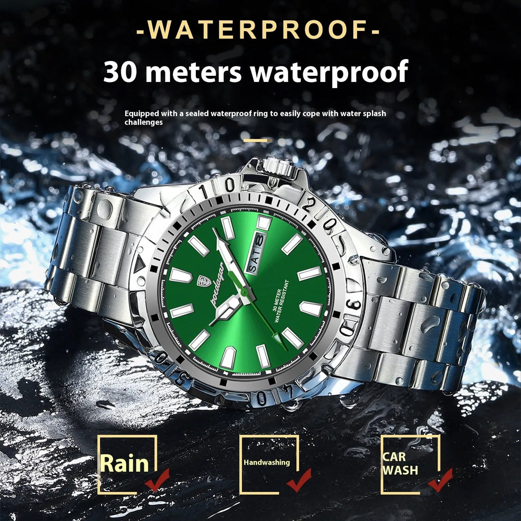 Swiss men's waterproof luminous watch with metal case and steel belt in multiple colour options