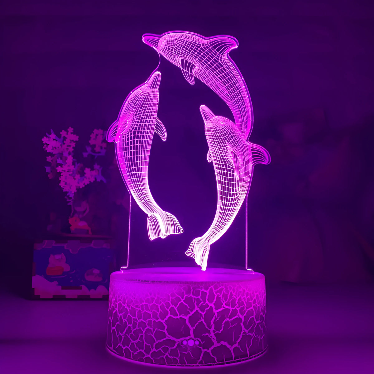 3D dolphin LED night light with acrylic board and ABS base, black or crackle, touch and remote control, USB powered.