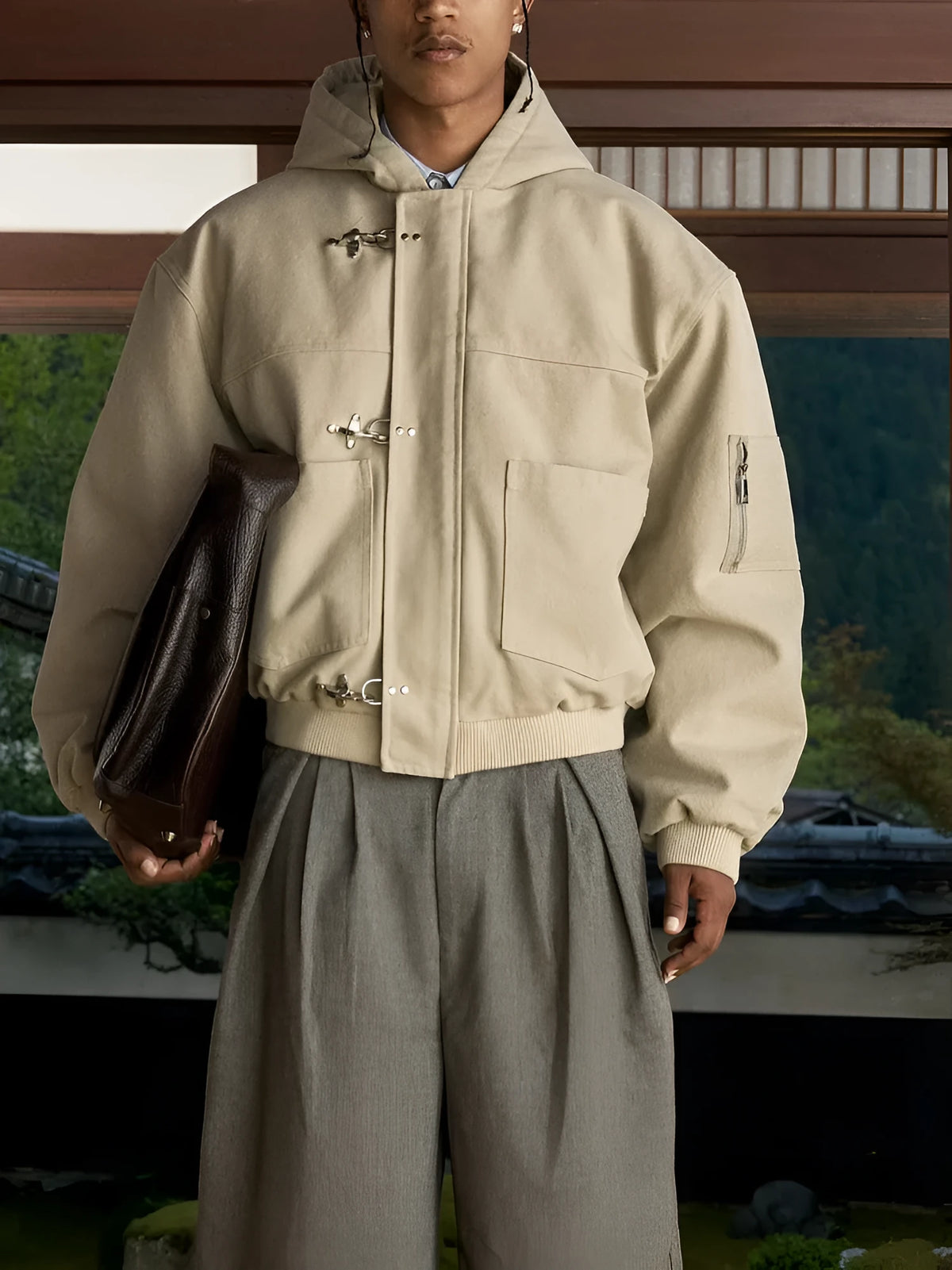 Beige duffle coat with hood and toggle closure, polyester regular fit daily wear jacket