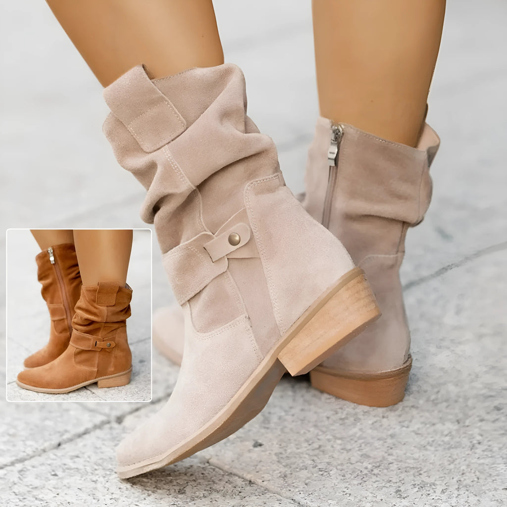 Women's suede mid-calf boots with pointed toe, square heel and side zip, shown in black, apricot and brown