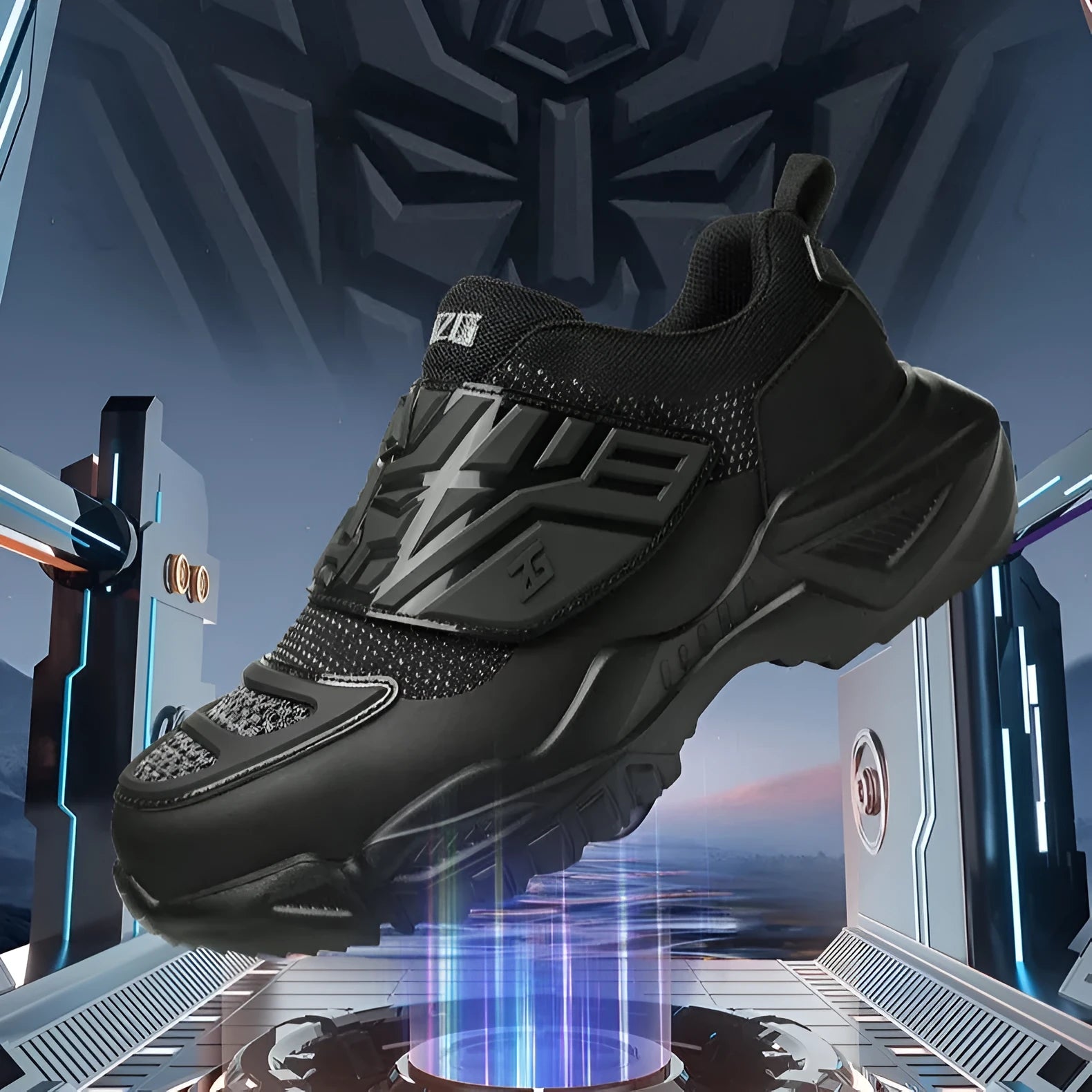 Black low-top safety work shoes with a velcro buckle, featuring a steel toe cap and EVA sole.