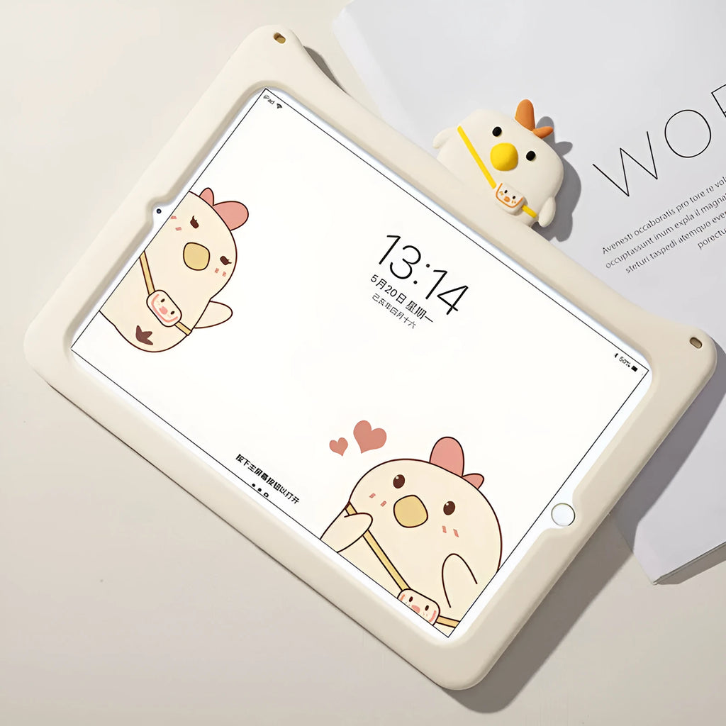 Cartoon chicken silicone tablet cover, frame type, for compatible iPad Air, mini and Pro models