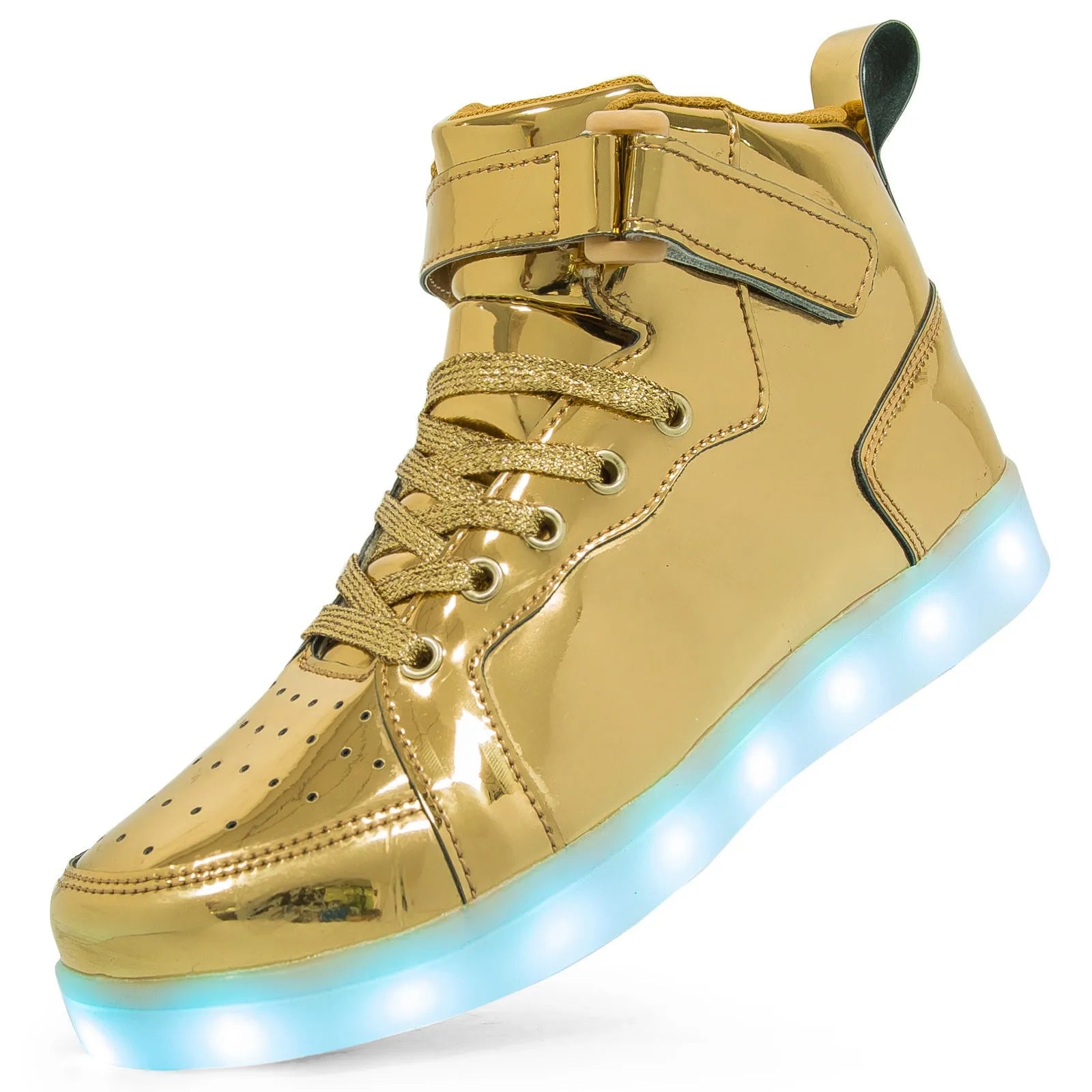 Unisex black high-top LED light-up shoes with velcro straps and glowing soles.