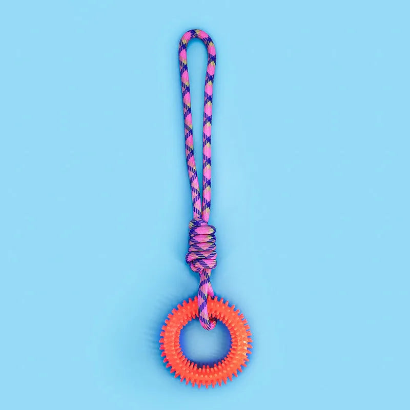 Braided rope dog chew toy with knots in blue colour, shown at 43 cm length
