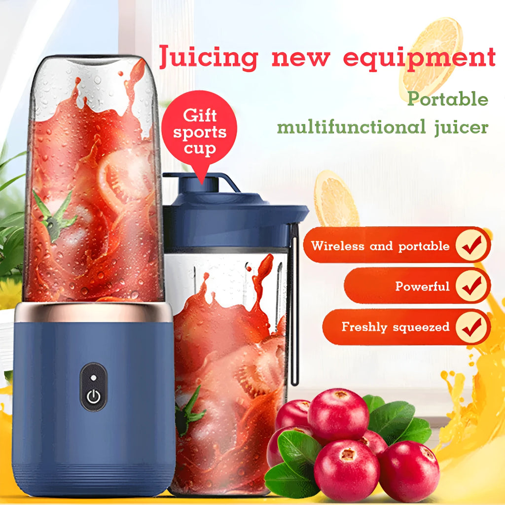 Portable blender juicer cup in Tunisian dark blue with USB cable, measuring 30cm tall