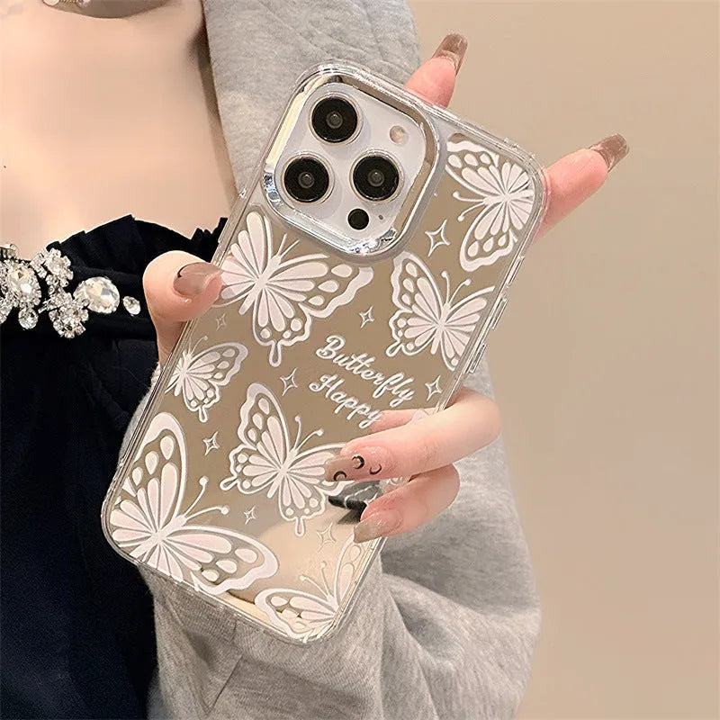 Transparent three-in-one mirror iPhone case with bow decoration and detachable bracelet accessory