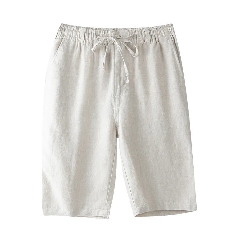 Men's linen capri trousers in loose straight-leg fit showing colour options including white, gray, black and blue tones