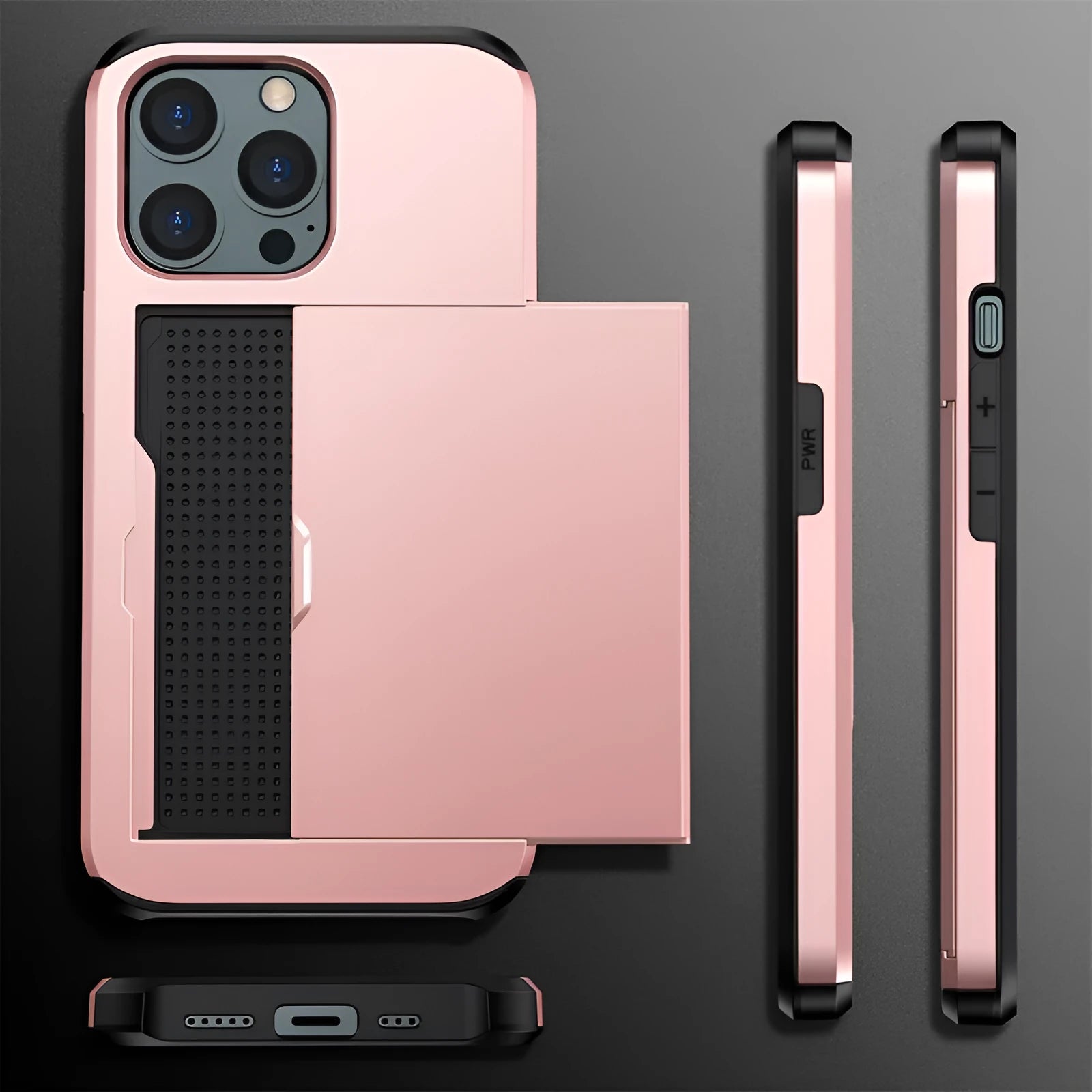 Sliding cover wallet phone case for iPhone in matte finish, showing card slot and raised screen protection.