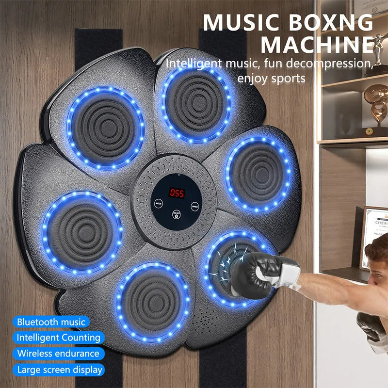 Black plastic smart boxing wall target with Bluetooth and lights, includes half-finger gloves.
