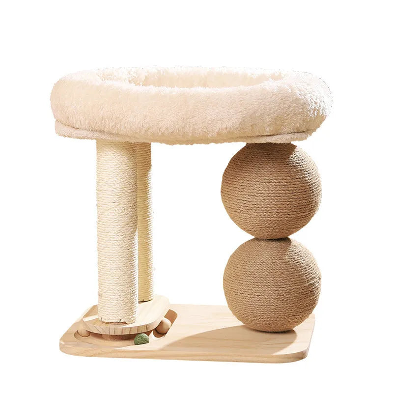 A wooden cat nest with two openings, showing a pine frame and textured sisal scratching surface panels on the side.