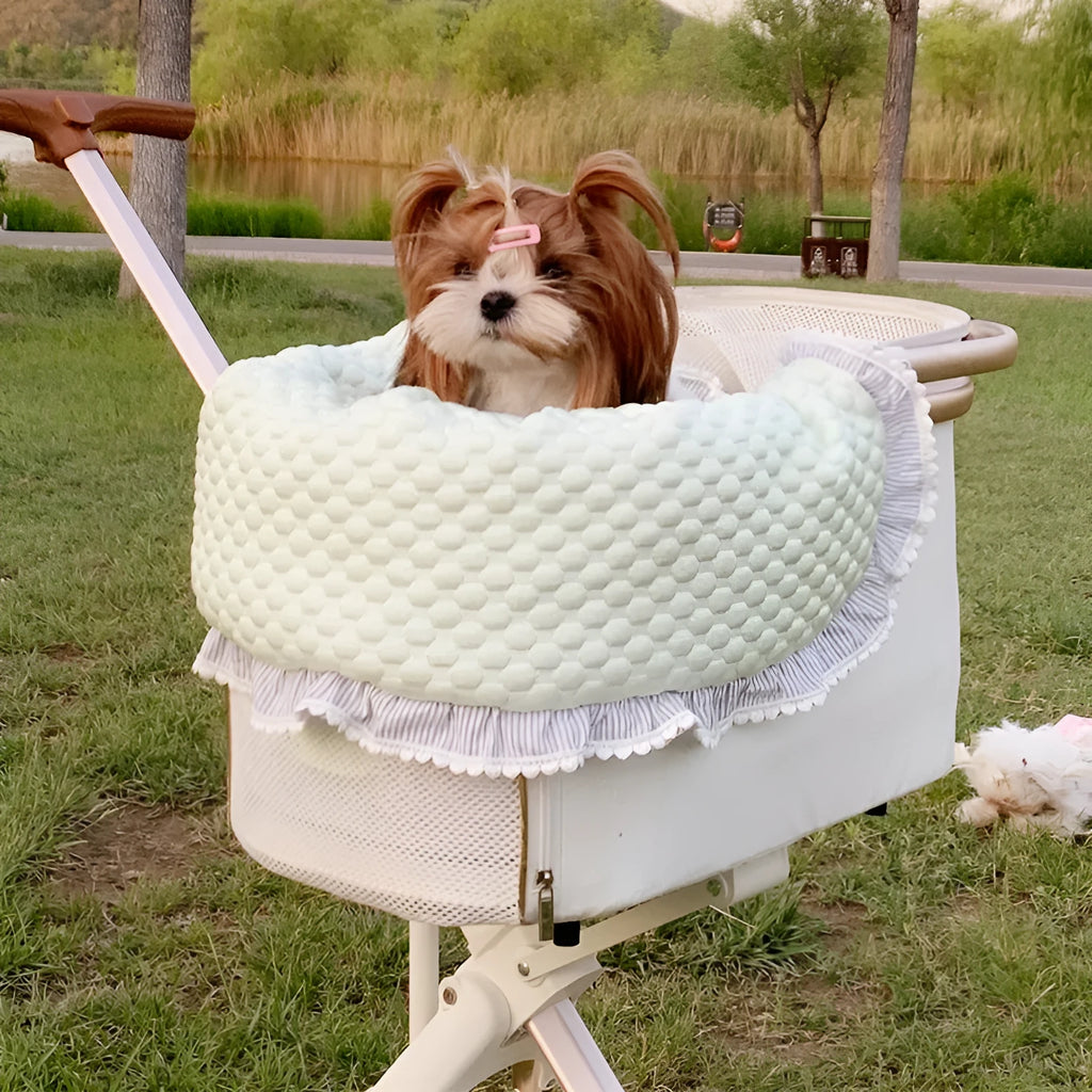 Pure cotton pet stroller set with anti-dirty towel, cushion, and pillow in a floral colour pattern.