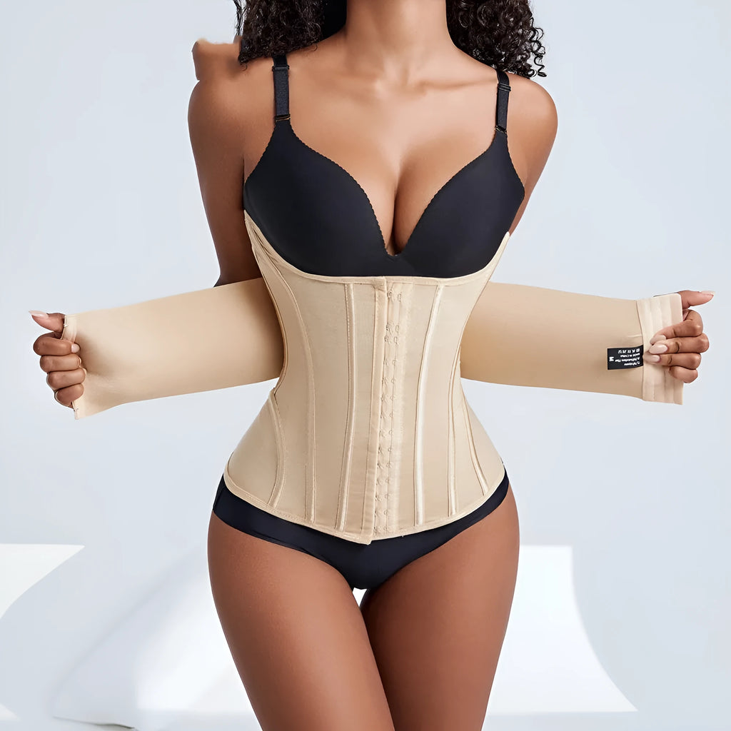 Nylon belly band waist trainer in apricot colour with an adjustable tie, laid flat.