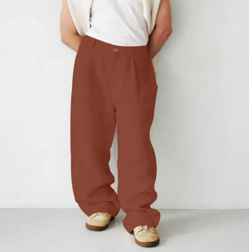 Men's loose fit linen pleated trousers in grey with high waist and straight leg styling