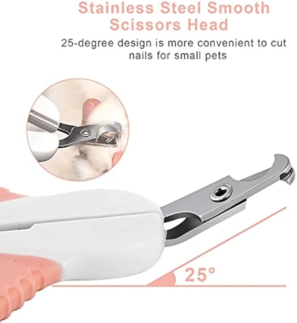 Grey and pink angled cat nail clippers with safety guard and rubberised handles.