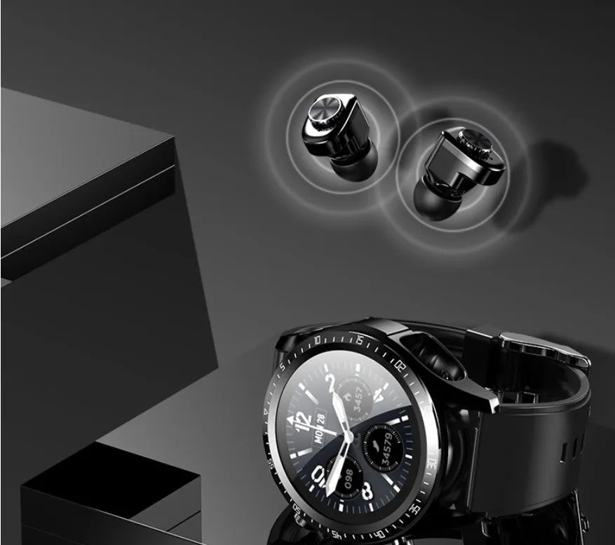 Black smart watch with silicone strap displaying blood pressure and oxygen data on its 1.28-inch screen.