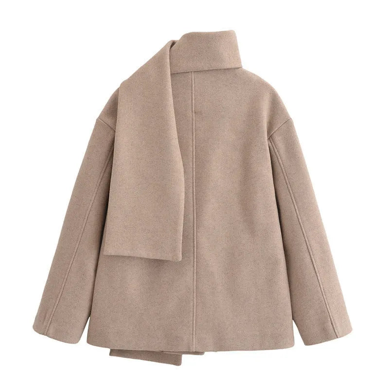 Women's round neck PU coat with zip fastening and patchwork splicing, 50cm length, in camel